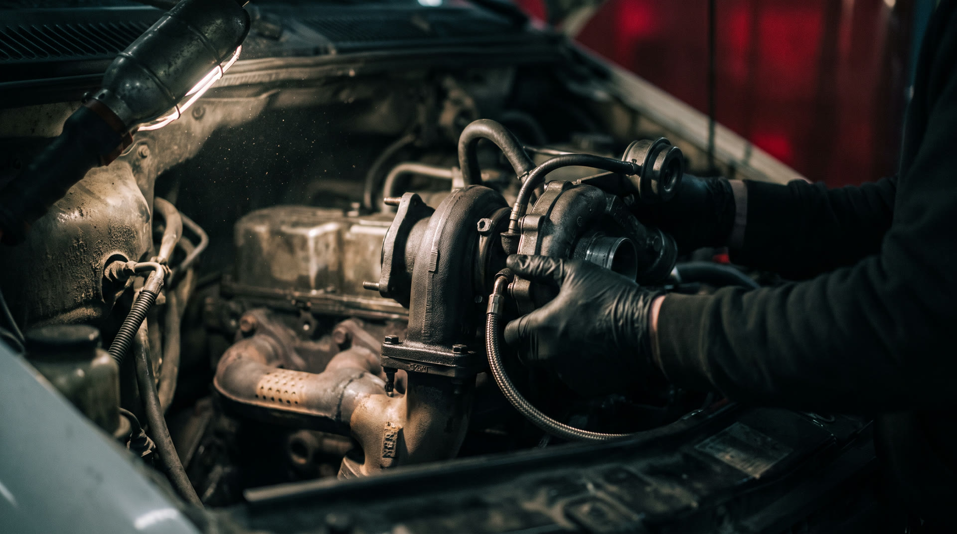 Turbo sökme takma: motor bölmesinde egzoz manifolduna takılan turbo